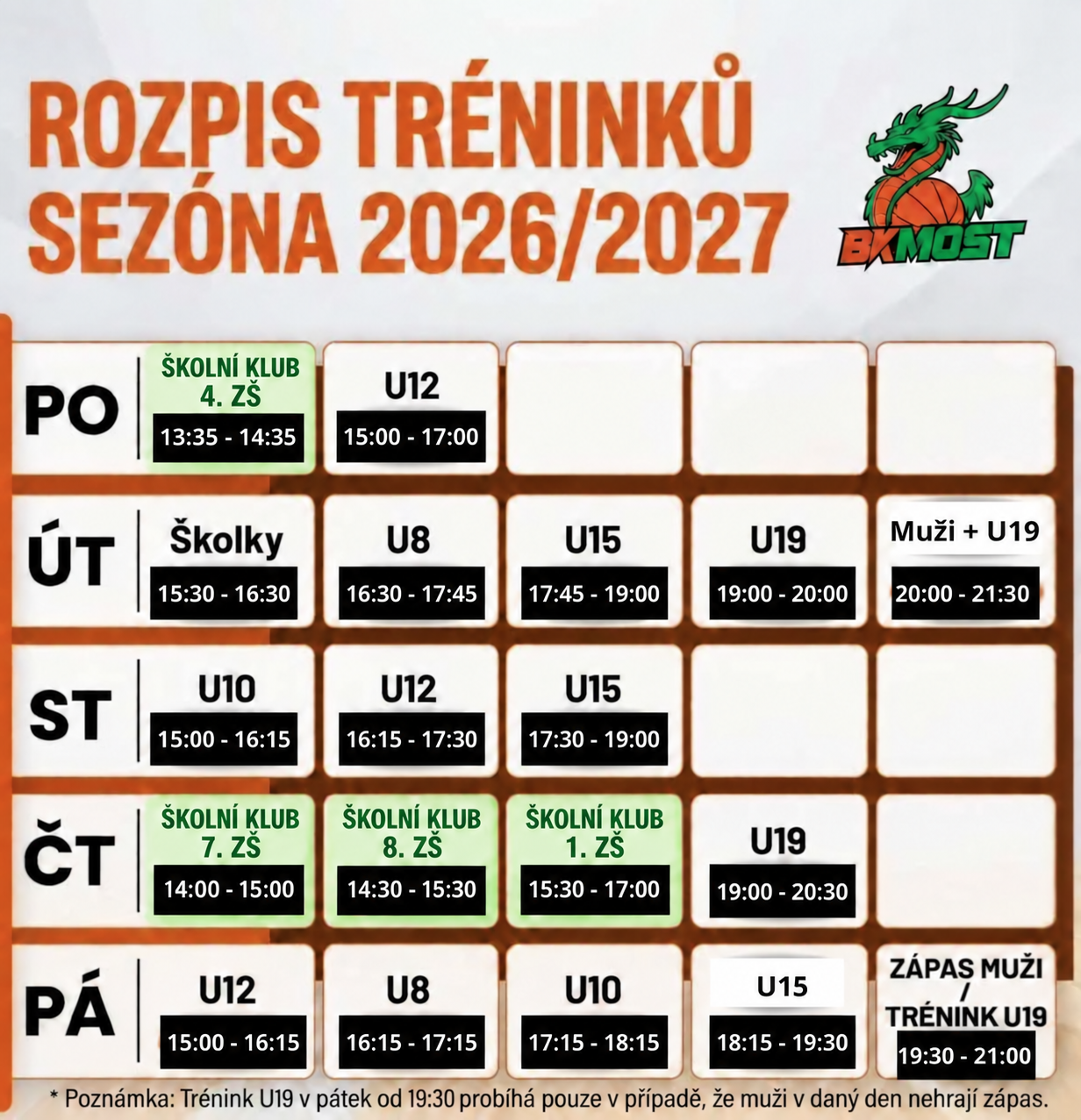 Týdenní rozpis tréninků BK Most pro sezonu 2026/27 od pondělí do pátku