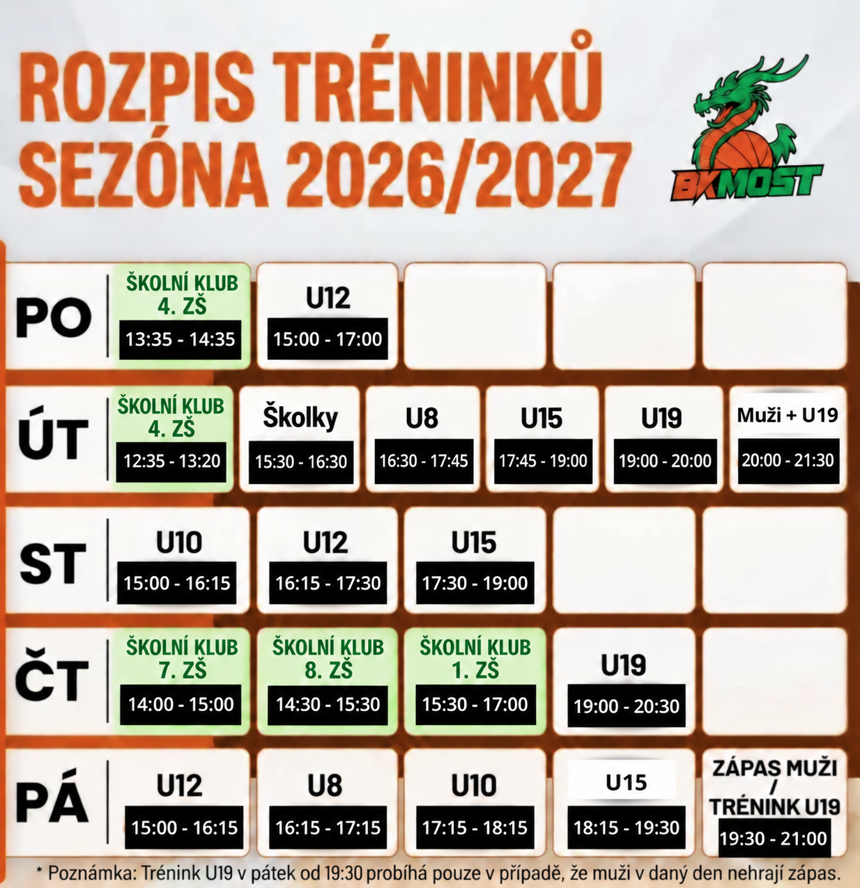 Týdenní rozpis tréninků BK Most pro sezonu 2026/27 od pondělí do pátku, včetně školních klubů